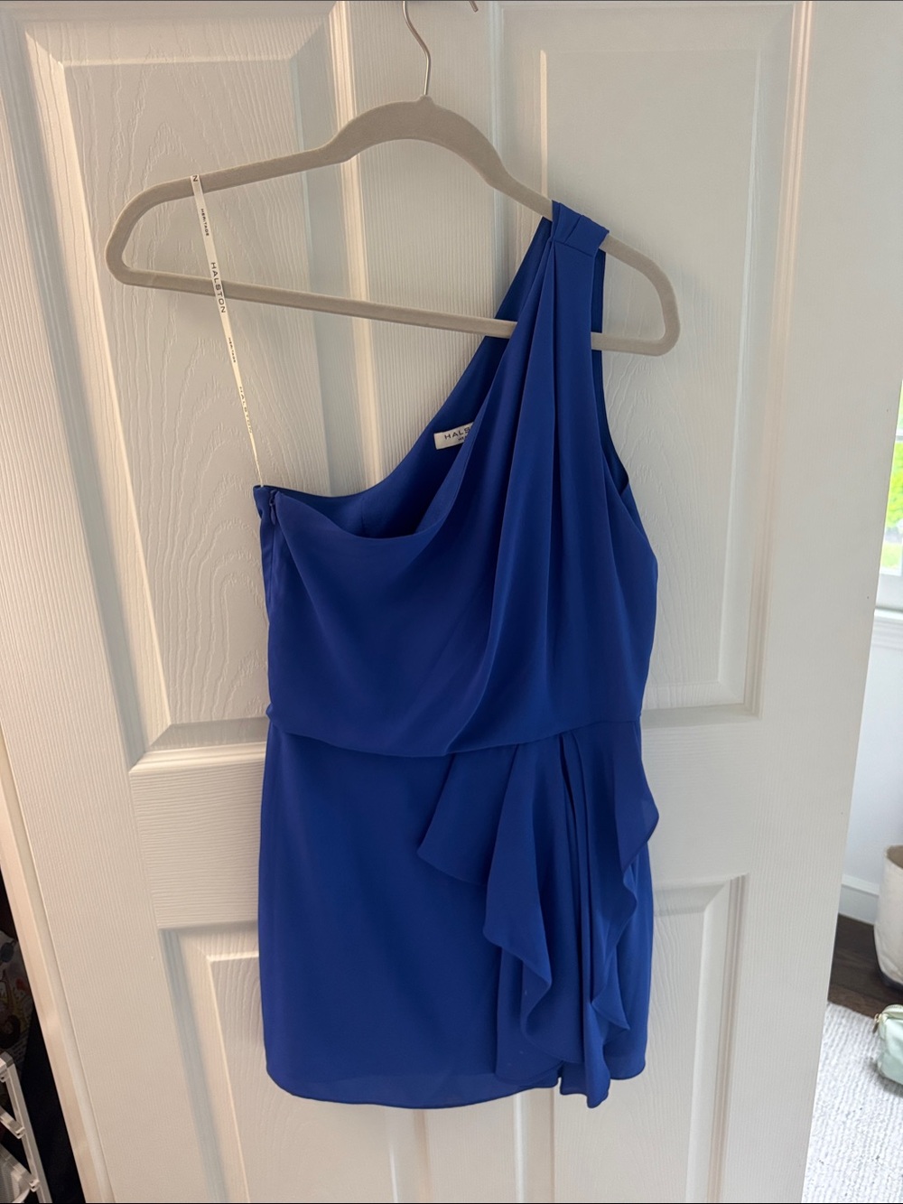 One-Shoulder Royal Blue Draped Cocktail Dress | Halston Heritage